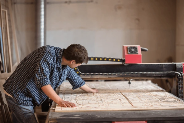 Professional woodworker using CNC woodworking cutter for precise cutting